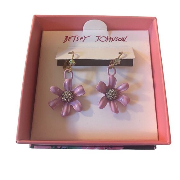 Betsey Johnson Pink Flower Drop Earrings w/ Pave Crystal Center. - Picture 4 of 7